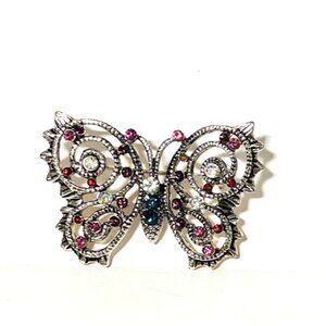 VTG Bejeweled Butterfly Pin Pink Blue Purple White Silver Tone Metal 1 5/8” Wide